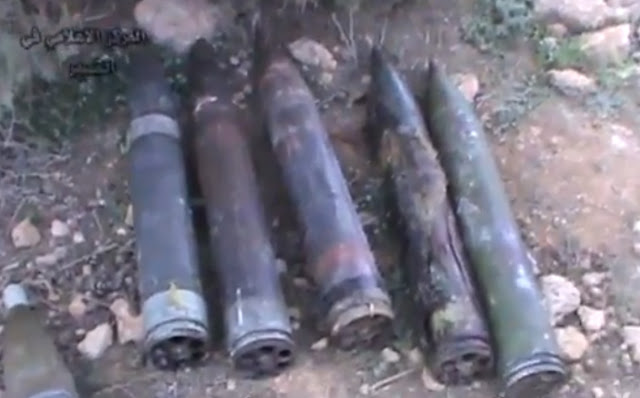 Image: 107mm rocket shells frequently used by terrorists operating within and along Syria's borders. They are similar in configuration and function to those identified by the UN at sites investigated after the alleged August 21, 2013 Damascus, Syria chemical weapons attack, only smaller. 