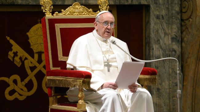 Pope Francis delivers a speech March 15, 2013, during a meeting of the world’s cardinals.