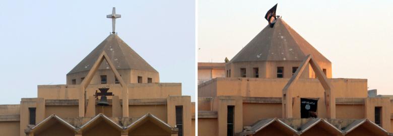 A combo made up of file pictures shows the cross on top of Armenian Catholic Church of the Martyrs in the northern rebel-held Syrian city of Raqqa on September 16, 2013 (L) and the flag of the Islamic State of Iraq and the Levant (ISIL) fluttering on the "dome" of the church on September 28. (Photo: AFP-Mohammed Abdel Aziz)